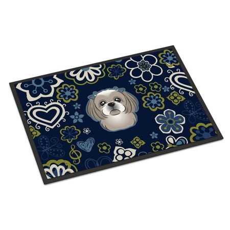 Carolines Treasures 18 x 27 in. Blue Flowers Gray Silver Shih Tzu Indoor or Outdoor Mat BB5101MAT